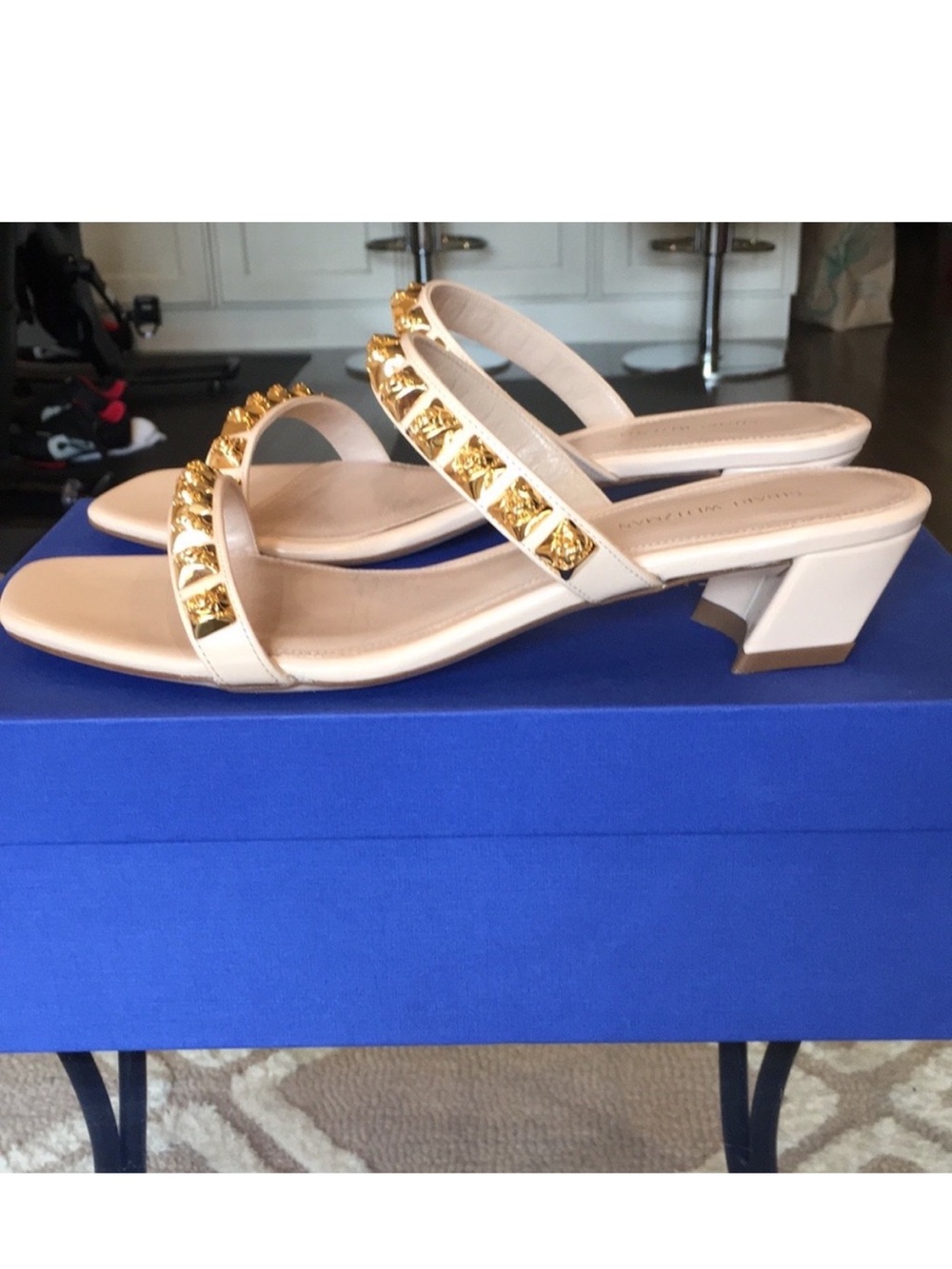 Stuart Weitzman Stella Blush Pink Studded Leather Block Heel Slide Sandals Size